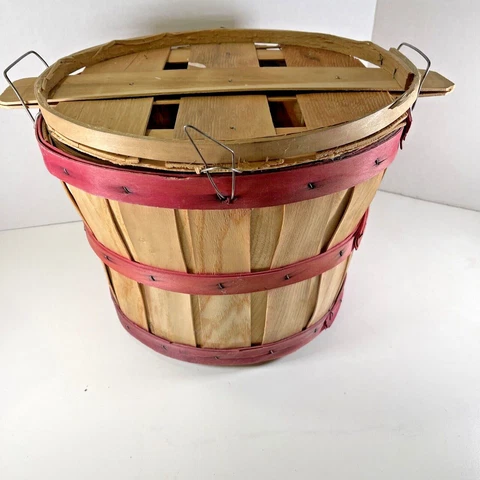 VTG Bushel Basket Large Orchard Wooden Paper Liner Basket w Wire Handles & Lid Cover