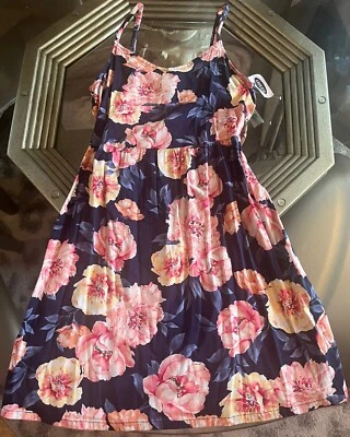 Antiguo Vestido Solero Azul Marino Niñas 16 Azul Marino Estampado Floral Correas Ajustables Vestido de Pascua Foto 1 de 4