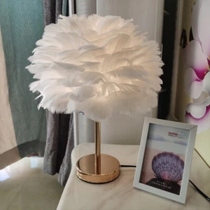 White Feather Shade Table Lamp Plumage Lampshade Bedside Desk Decor Night Light - Picture 1 of 11