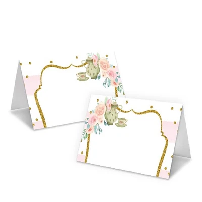 Pink Floral High Tea Themed Tent Style Place Cards 25 Pack -07 - Image 1 of 4