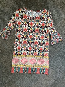 Tacera Ladies Coral/Teal Summer Work Dress SZ MED Multi Print 3/4 SLV Mesh EUC - Picture 1 of 8