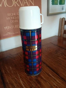 Vintage Thermos 31cm Vacuum Flask Red/Blue Tartan Mid Century Retro Cup Lid - Picture 1 of 11