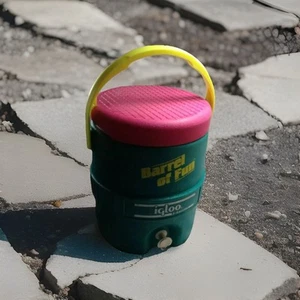 Vtg Igloo Barrel of Fun 2 Gallon Jug Retro Dispenser Drink Cooler Teal Pink 90s - Picture 1 of 7