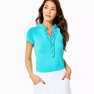 Lilly Pulitzer UPF 50+ Luxletic Frida Ruffle Polo Top teal size xl - Picture 1 of 10