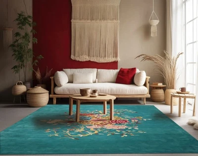 Alfombra de Lana LoomBloom Multi Tamaño Turquesa A Mano Floral Art Deco Nueva Zelanda Foto 1 de 4