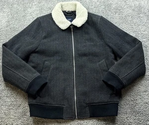 Abercrombie & Fitch Jacket Mens Medium Gray Sherpa Collar Herringbone Bomber - Picture 1 of 14