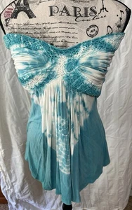 NUEVO CON ETIQUETAS Camisa S Marca Sky Para Mujer Tie Dye Crochet Halter Top Turquesa y Blanco - Imagen 1 de 9