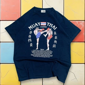 VTG Muay Thai Y2K Kick Boxing Shirt  Men S Navy MMA Thailand Tee Kick Leeson - Picture 1 of 9