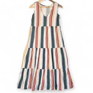 Heine Linen Midi Dress Womens Size 40 au12 Striped Earthy Cottage Core - Picture 1 of 8