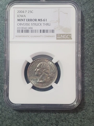 2004 p Iowa State Quarter Mint Error MS 61 Obverse Struck Thru only one  graded Cover