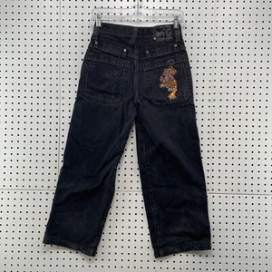 VTG Y2K Jnco Denim Jeans Youth Boys Size 10 26x25 Black Embroidered Tiger Skate - Picture 1 of 24