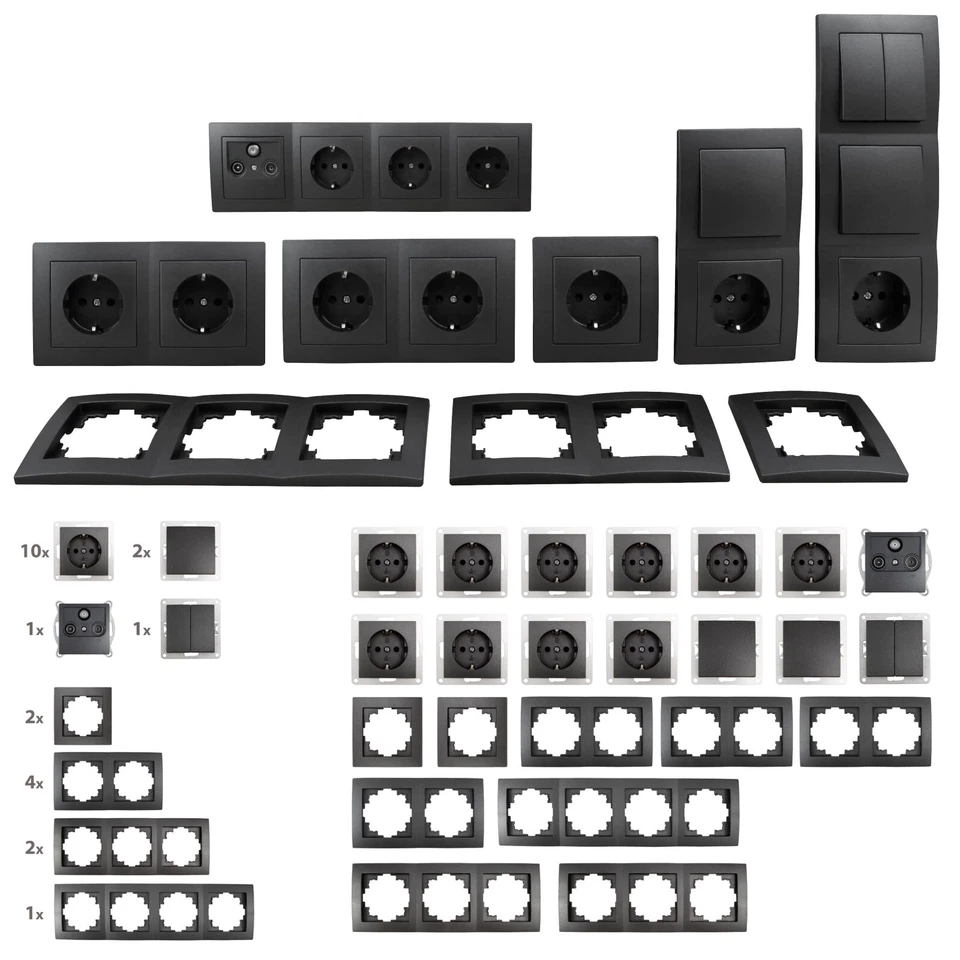 MC POWER Schalter und Steckdosen Set Flair "Komfort" anthrazit 23-teilig Steckdosenset