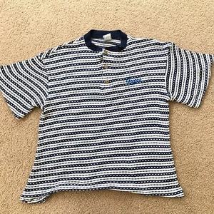 Guess Women's Medium BlueWhite Waffle Knit Henley Pullover Wide Short Sleeve Top - Picture 1 of 9