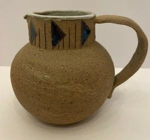 Studio Handcrafted Art Pottery Pitcher Textured Brown Clay Blue Glazed Accents - Picture 1 of 8