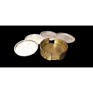 Metal Coasters with Brass Color Metal Holder with Pattern Set/5 4 1/8" Diameter - Picture 1 of 16