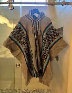 RARE Wool Alpaca Blend Pullover Grey Poncho Blue Striped Accent Hooded - Picture 1 of 3