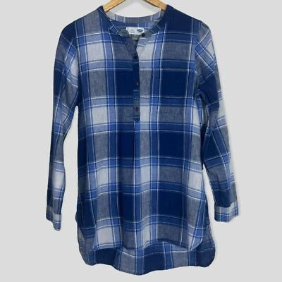 Old Navy Linen Blend Plaid Tunic Shirt Womens Medium Blue Popover Long Sleeve - Image 1 of 4