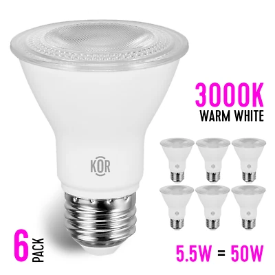 6 Pack LED 5.5W=50W 500 Lumen PAR20 Medium E26 Dimmable Flood 3000K Warm White - Image 1 of 4