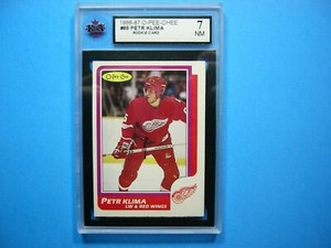 1986/87 O-PEE-CHEE NHL HOCKEY CARD #98 PETR KLIMA ROOKIE KSA 7 NM SHARP!! OPC