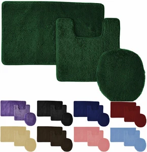 Solid 3-PC Bathroom Rug Set - Bath Mat + Contour Rug + Toilet Lid Cover - Picture 1 of 11