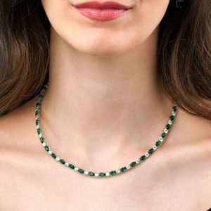 40ct Created Oval Green Emerald & Diamond Platinum Plated Tennis Womens Necklace - Picture 1 of 6