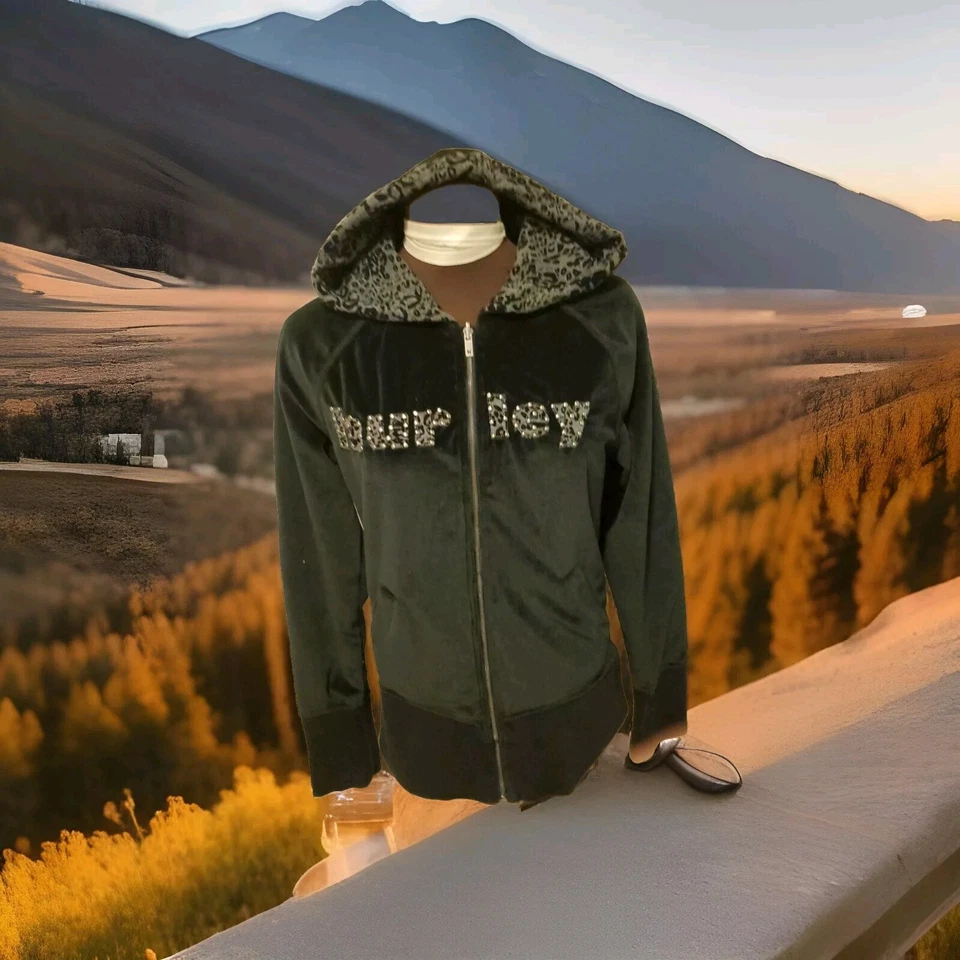 Moletom com capuz SWEET Hurley Velvet 2 em 1 reversível sólido preto/gr estampa de leopardo zíper completo  - Imagem 1 de 4