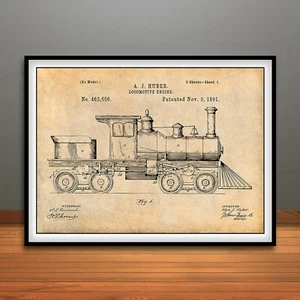 1891 Huber Railroad Train Locomotive Engine Patent Print Art Drawing Poster - Picture 1 of 5