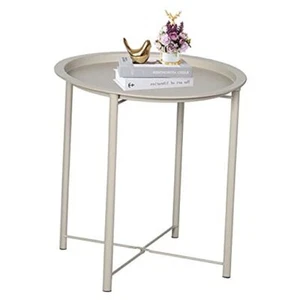 Side/End Table, Folding Round Metal Anti-Rust and Waterproof 1 PCS Beige - Picture 1 of 8