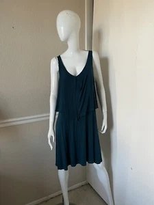 GREEN DRAGON Teal Blue Rayon Knit Sleeveless Draped Knee Length Dress Sz L - Picture 1 of 6