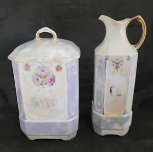 Antique Czechoslovakian Lavender Lusterware Sugar Canister & Oil Bottle Floral - Picture 1 of 11