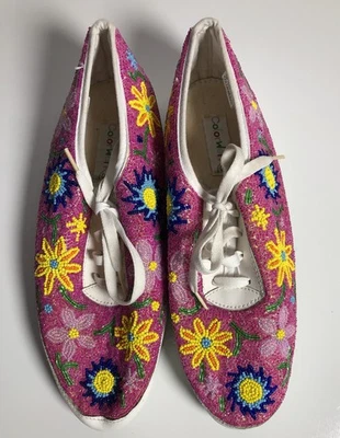 Sapatos femininos vintage anos 90 de lona floral com miçangas rosa Colorwerks 12W Festival Kawaii - Imagem 1 de 4