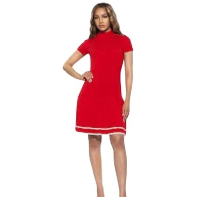 Vestido vermelho manga curta gola simulada bainha plissada botão dourado - Imagem 1 de 4
