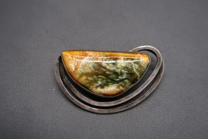 Vtg Sterling Silver Isreal & Moss Agate Cabachon Brooch or Pendant Fine Jewelry - Picture 1 of 18