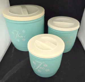 Juego de botes de anidación de plástico turquesa atómico Stanley años 50 - harina de té y café - Imagen 1 de 7