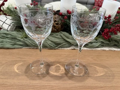 "Juego de 2 copas de vino grabadas en vidrio Fostoria vintage de 7 1/4""" Foto 1 de 4