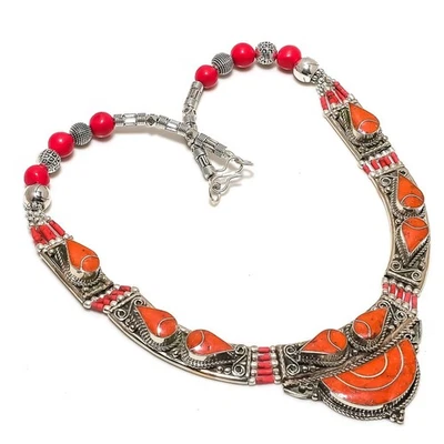 Collar Coral Rojo Tibetano Plata Dije Cuentas Hecho a Mano Joyería Baho 18" NN 6900 Foto 1 de 4