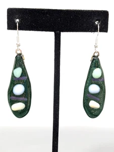 Artisan Fused Glass Earrings Green Blue Oval Drop Peapod Design Dangle Handmade - Picture 1 of 7