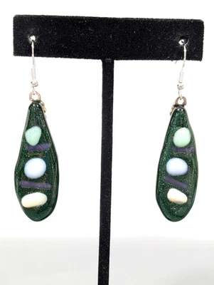 Ремесленник плавленое стекло серьги зеленый синий овальный капли Peapod дизайн подвеской ручной работы - Изображение 1 из 4