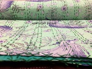 Queen Print Kantha Quilt Indian Reversible Bedspread Bedding Throw Blanket