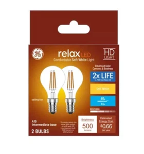GE Relax 2-Pack 60 W Equivalent Dimmable Soft White A15 LED (Intermediate Base) - Picture 1 of 10