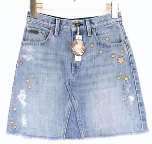 Odd Molly Hot Cuts Skirt Womens XS Denim Embroidered Whiskers Faded Blue - Picture 1 of 10