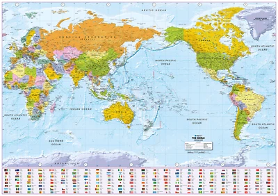 Pacific Centred World Map 1:30m,  Political World Map Centred on the Pacific Foto 1 de 4