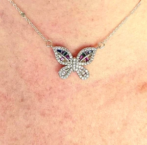 Multicolor CZ Schmetterling Anhänger Sterlingsilber verstellbar Halskette zierliches Geschenk - Bild 1 von 7