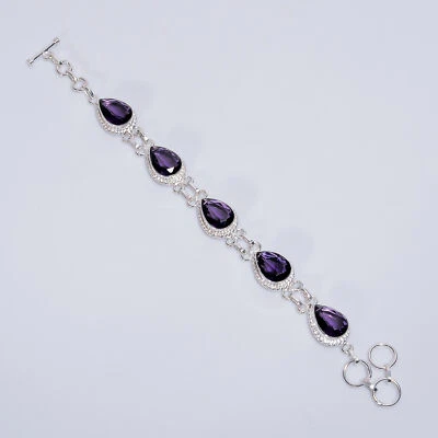 紫水晶宝石复古手工 925 纯银手链 6-8 英寸 W393 — 第 1/4 张图片