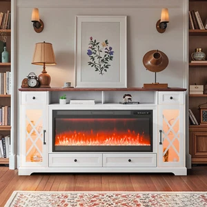 80" Fireplace TV Stand with LED Light Remote Control & Timer Brown + White - Picture 1 of 12