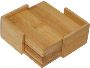 7 pieces Set of 6 Bamboo Wood Coasters with Holder 9.5x9.5cm - Picture 1 of 7