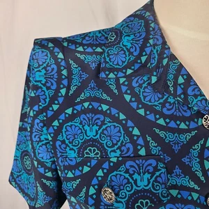 Vintage 80s Leslie Fay Dress 12 Blue Abstract Pleated Belted Secretary - Picture 1 of 11