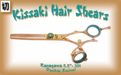 Kissaki Hair Scissors Kanagawa 30t DOUBLE SWIVEL Rose Gold Blue Thinning Shears - Imagem 1 de 3