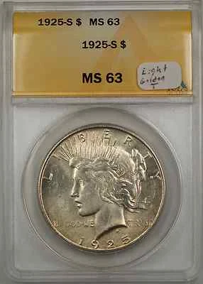 1925-S Peace Silver Dollar Coin $1 ANACS MS 63 Light Golden Toning - Image 1 of 2