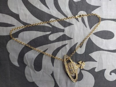 Vivienne Westwood Gold and Crystal Large Flat Hanging Orb Pendant Chain Necklace - Image 1 of 4